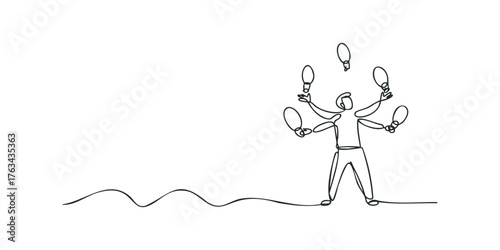One line drawing of a person juggling pins