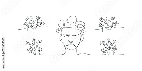 Melancholy face surrounded by delicate abstract plant forms