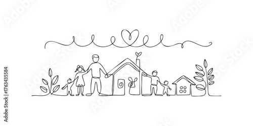 Family embracing near houses and plant life