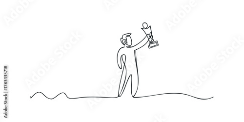 Person holding trophy above head one line drawing