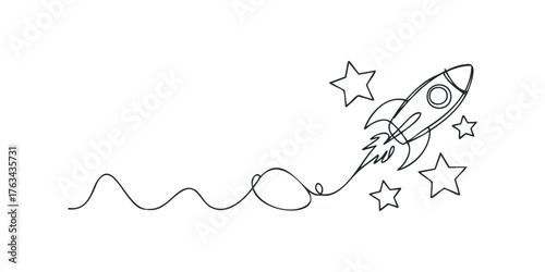 Line drawing of a rocket ship with stars and trail