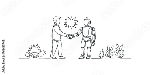 Man and robot shake hands amidst abstract plant elements