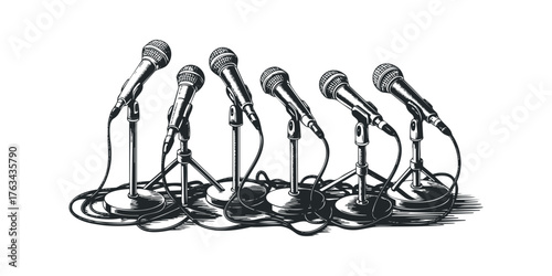 Row of Microphones on Stands with Cables