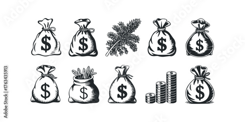 Collection of Stylized Money Bags and Coin Stacks