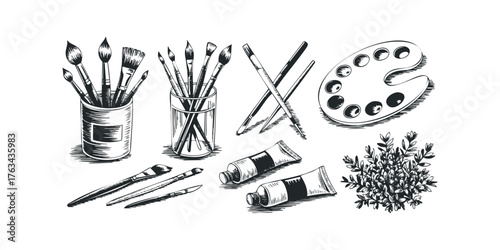 Painting supplies including brushes, tubes of paint, and palette