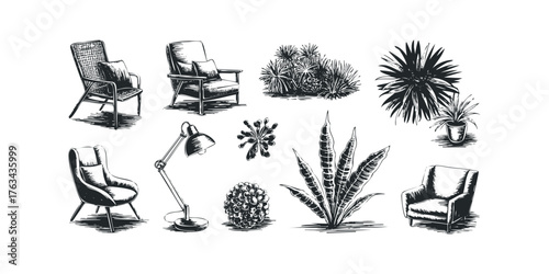Collection of hand-drawn furniture and plants
