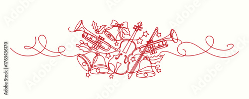 Continuous Christmas Line Art Drawing Ornaments Bells Musical Instruments Holiday Motif Background
