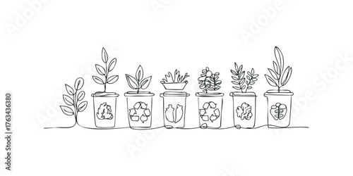 Line drawing of potted plants with recycling symbols