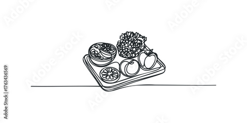 Line drawing of assorted fruits on a platter