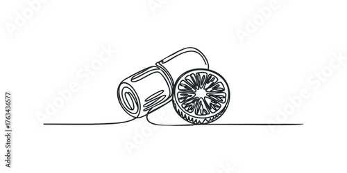 Continuous line drawing of a pill and citrus slice