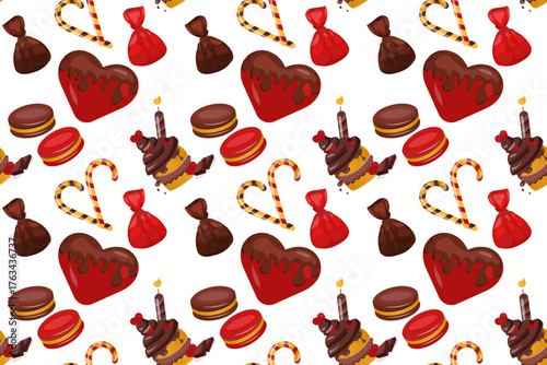 Seamless vector pattern of Valentine's Day sweets. Love and hearts. Cartoon style. Chocolate-covered sweets. The pattern can be applied to any household items, from bed linens to dishes and clothing.