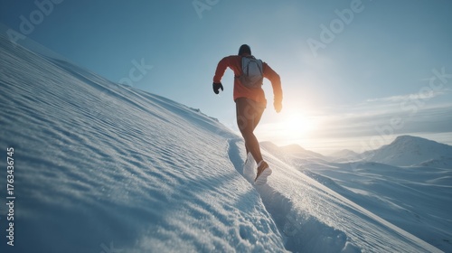 Rear view of athletic man running on snow trail at sunset in winter mountain landscape outdoor adventure