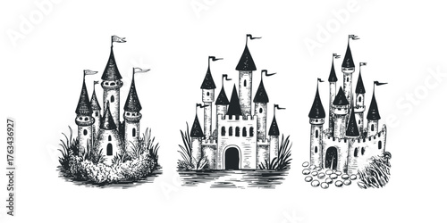 Three whimsical castles with flags and grassy elements