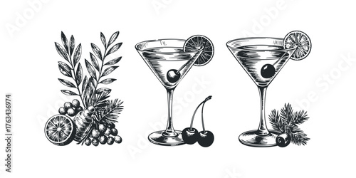 Cocktail garnishes with martini glasses and fruit