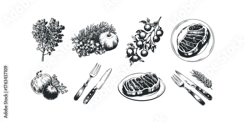 Ink drawing of steak, produce and cutlery collection