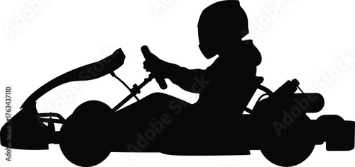 Silhouette illustration of a go kart racer driving at high speed on track wearing helmet on white background, racing vector design