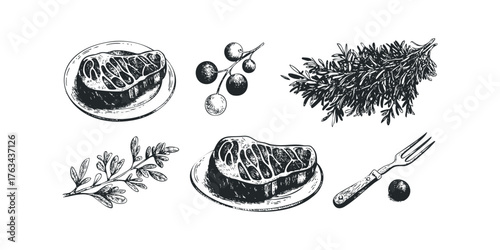 Hand-drawn steak with herbs and grapes on white background
