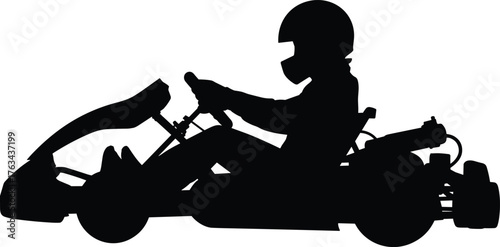 Silhouette illustration of a go kart racer speeding on track wearing helmet and racing suit on white background, sports vector design