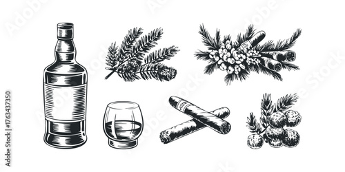 Alcohol bottle with glass, cigars, and botanical sprigs