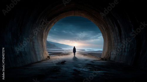 The dark silhouette of a woman standing at the exit of a tunnel, with a sunrise morning.