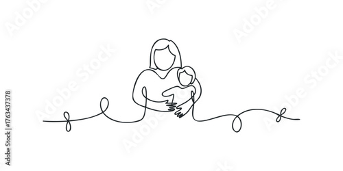 Single line drawing of a mother holding her child closely