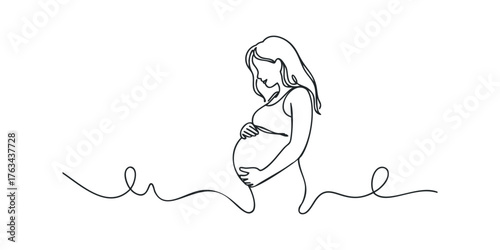 Pregnant woman holding belly simple continuous line drawing