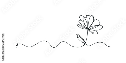 Single continuous line drawing of a delicate flower on flowing ground