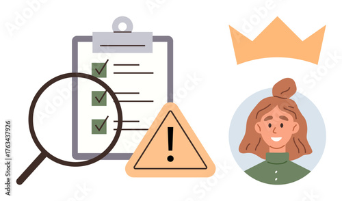 Checklist with green checkmarks, magnifying glass, warning sign, and smiling woman with crown badge. Ideal for quality control, leadership, safety, analysis, management responsibility simple flat