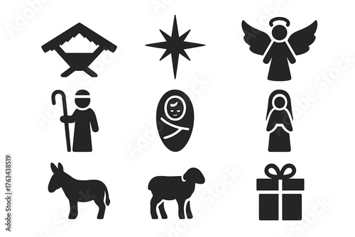 Nativity silhouette icon set. featuring manger, star, angel, shepherd, baby, mary, donkey, sheep, gift