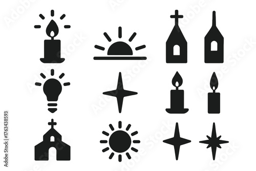 Religion and light silhouette icon set. featuring candle, sun, church, light bulb, star symbols