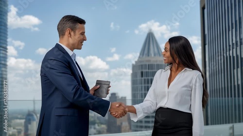 Arriving on terrace man in suit and businesswoman shaking hands with folio exchanging greetings
