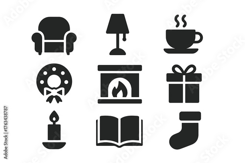 Cozy holiday vibes silhouette icon set. featuring armchair, table lamp, coffee, wreath, fireplace, gift, candle, book, stocking
