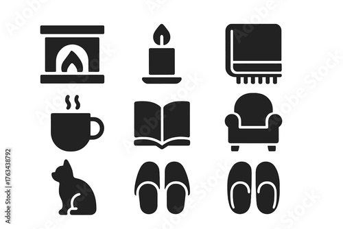 Cozy home silhouette icon set. featuring fireplace, candle, blanket, mug, book, armchair, cat, slippers