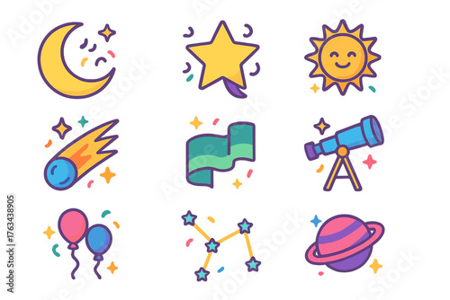 Space flat icon set. featuring moon, star, sun, comet, aurora, telescope, balloons, constellation, and planet symbols