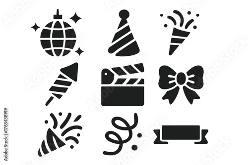 Party and celebration silhouette icon set. featuring disco ball, party hat, confetti, firework, clapperboard, and bow