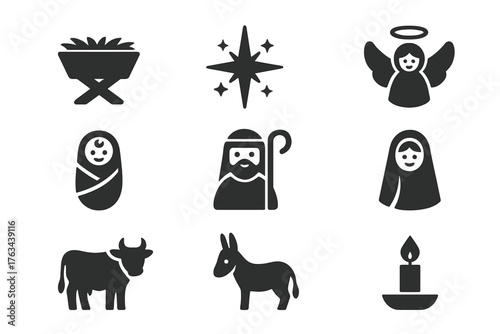 Christmas nativity silhouette icon set. featuring manger, star, angel, baby, shepherd, mary, cow, donkey, candle.