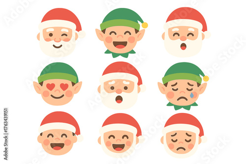 Christmas characters flat icon set. featuring santa claus, happy elf, heart eyes, crying, sad, and smiling faces
