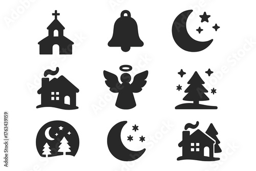Christmas silhouette icon set. featuring church, bell, moon, angel, house, tree symbols