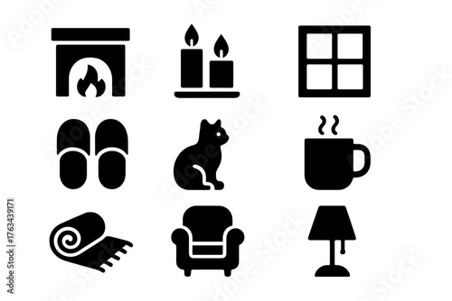 Cozy home silhouette icon set. featuring fireplace, candles, window, slippers, cat, mug, rug, armchair, and lamp symbols