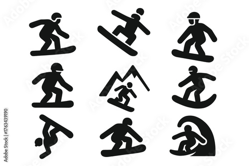 Sports silhouette icon set. featuring snowboarder, surfer, mountaineer, skiing, and skateboarding symbols