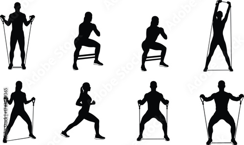 Resistance band workout silhouettes, fitness training poses, full body exercise, gym routine, strength training, home workout, active lifestyle, healthy movement