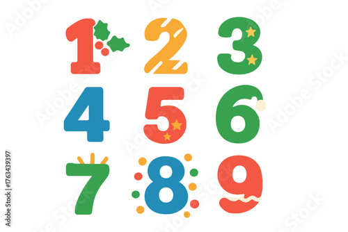 Holiday neon numeric icon set. featuring numbers 1 to 9 with festive decorations