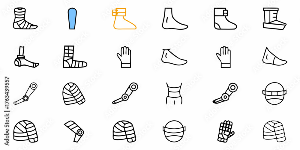 Naklejka premium Explore orthopedics with this outline collection, from foot casts to knee braces, perfect for medical illustrations, healthcare education, and anatomical studies, with a focus on rehabilitation