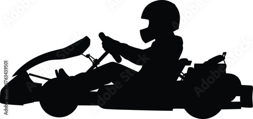 Silhouette illustration of a professional go kart driver racing on track wearing helmet and suit on white background, motorsport vector design