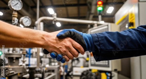 Two professionals shaking hands in an industrial setting, showcasing collaboration and partnership in a modern manufacturing environment with machinery in the background