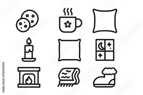 Cozy winter linear icons set. featuring cookies, hot drink, pillow, candle, fireplace, blanket, and slippers
