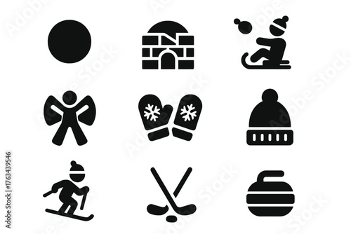 Winter sports silhouette icon set. featuring skiing, snowboarding, ice rink, mittens, sledding, beanie, snowball