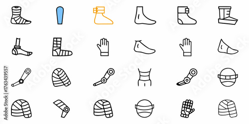 Explore orthopedics with this outline collection, from foot casts to knee braces, perfect for medical illustrations, healthcare education, and anatomical studies, with a focus on rehabilitation
