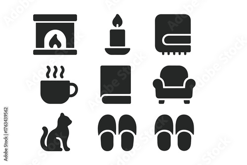 Cozy home silhouette icon set. featuring fireplace, candle, blanket, mug, armchair, cat, slippers