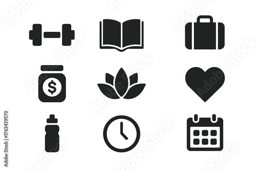 Fitness and lifestyle silhouette icon set. featuring dumbbell, book, suitcase, money jar, lotus, heart, water bottle, clock, calendar.